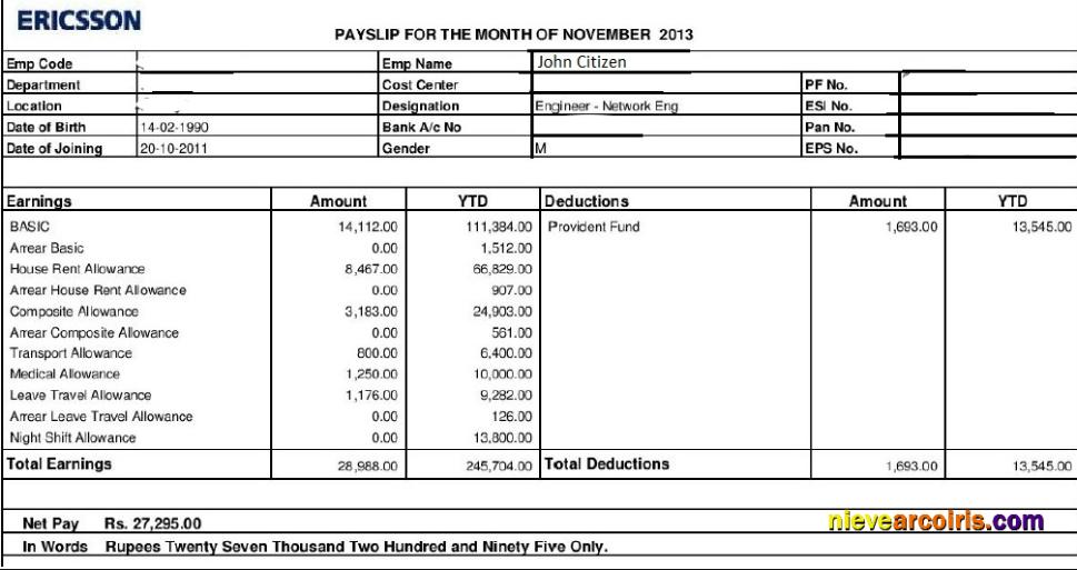 ERICSSON networking and telecommunications company paystub